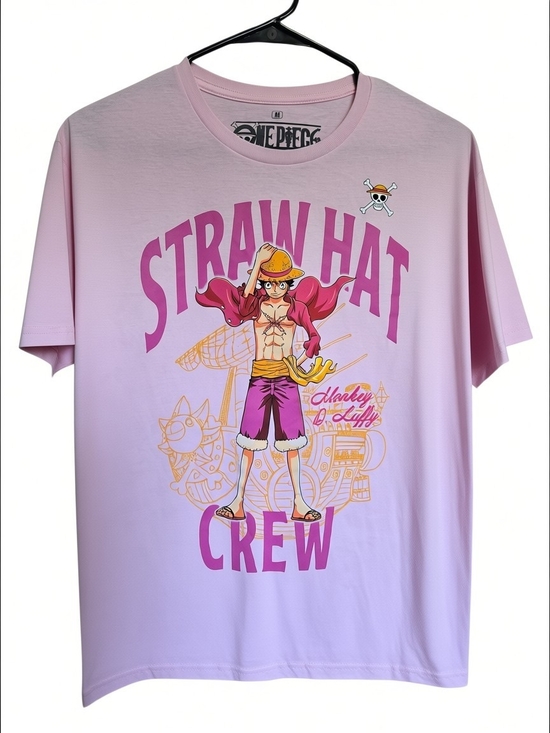 Onepiece Tops - Onepiece Pink Straw Hat Crew Kids Tee with Luffy Graphic